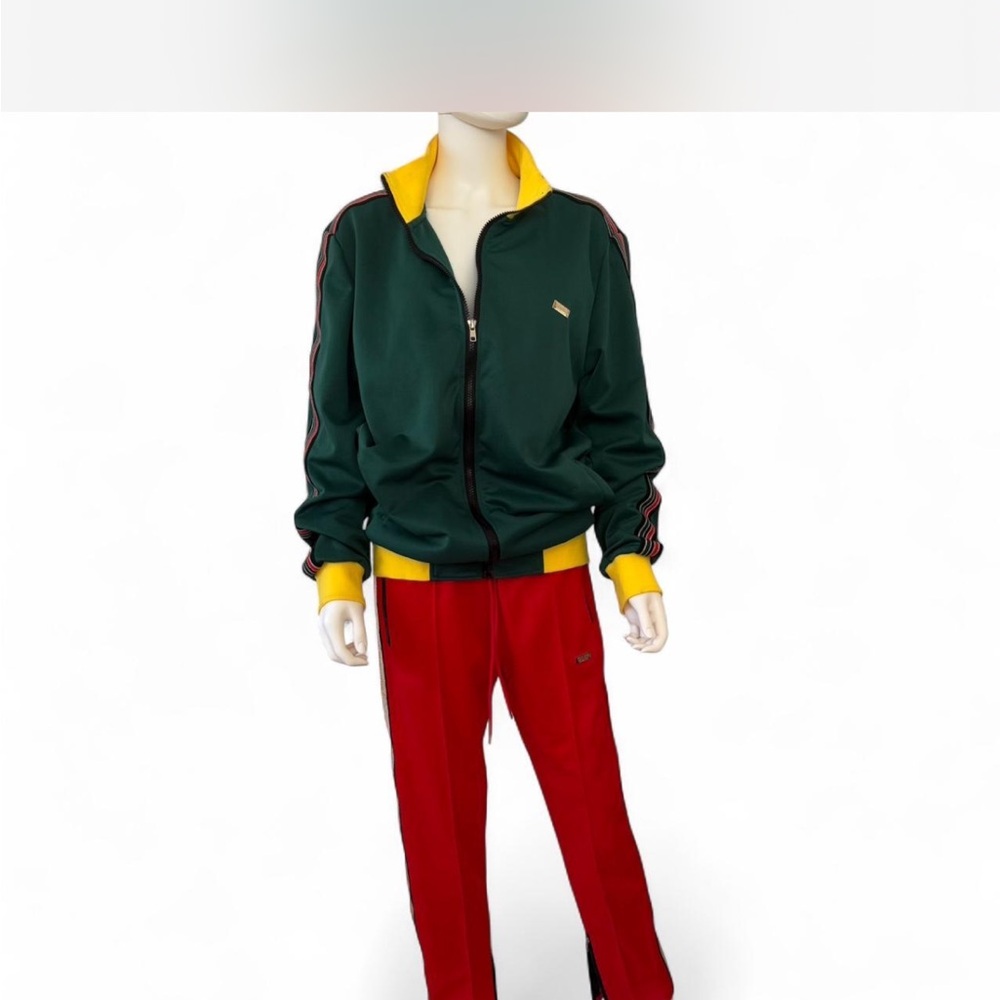 Reason Brand tracksuit - green zip up jacket & red pants with gold side panels